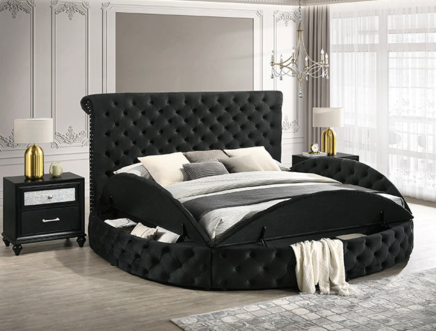 Round black bedframe with storage