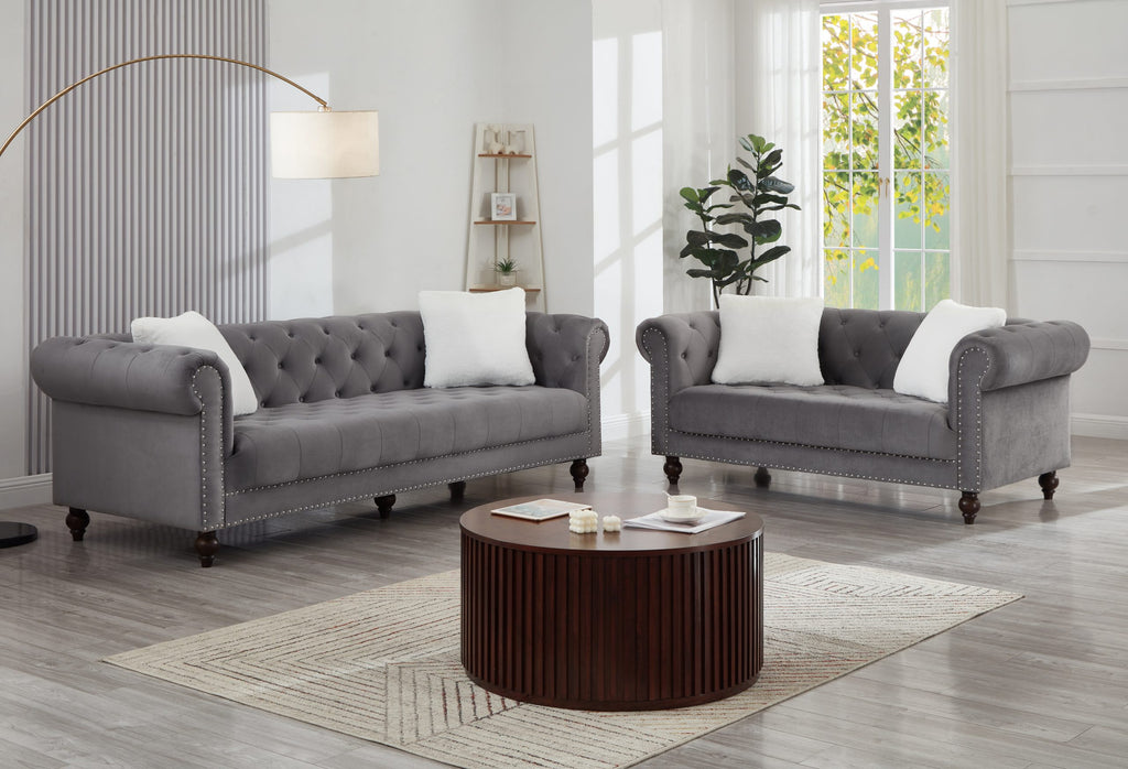 Gray Velvet Chesterfield 2pc Sofa Set
