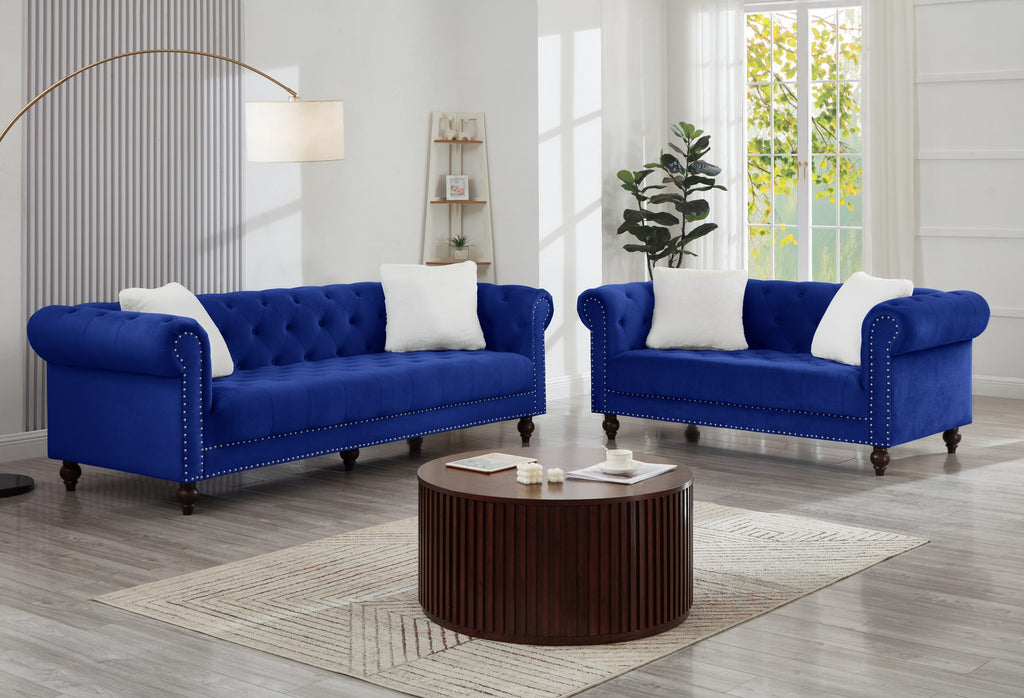 Navy Blue Velvet Chesterfield 2pc Sofa Set