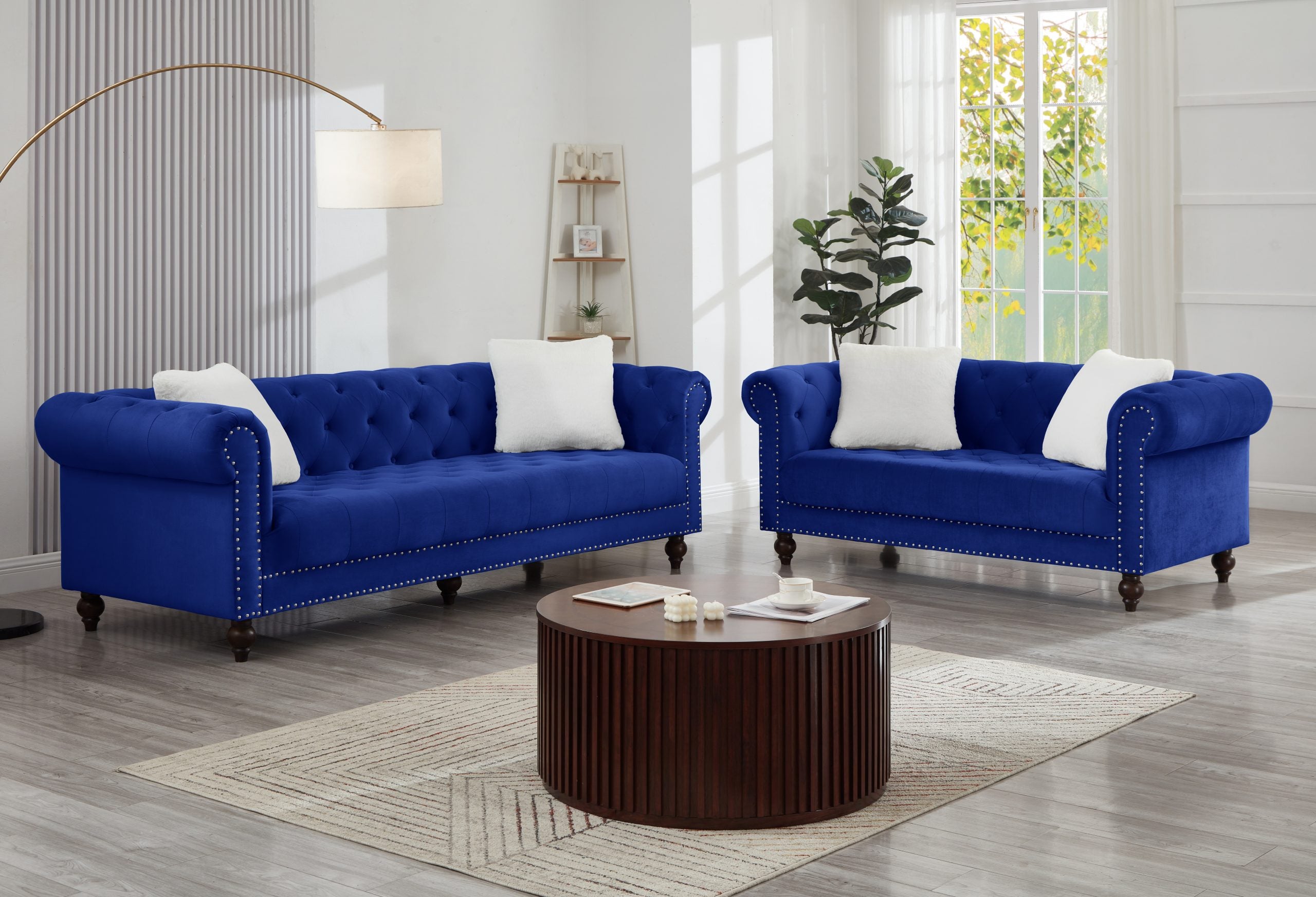 Navy Blue Velvet Chesterfield 2pc Sofa Set