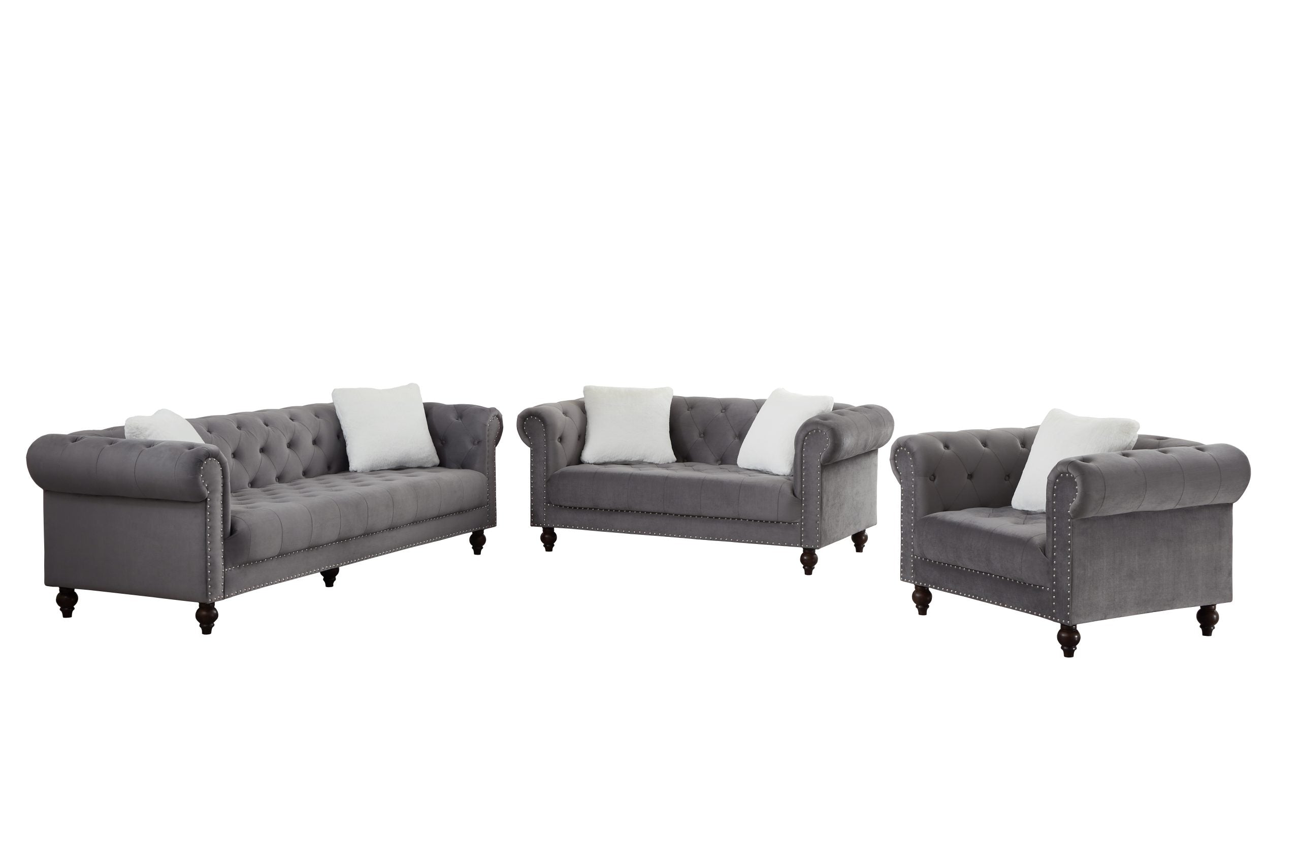 Gray Velvet Chesterfield 2pc Sofa Set