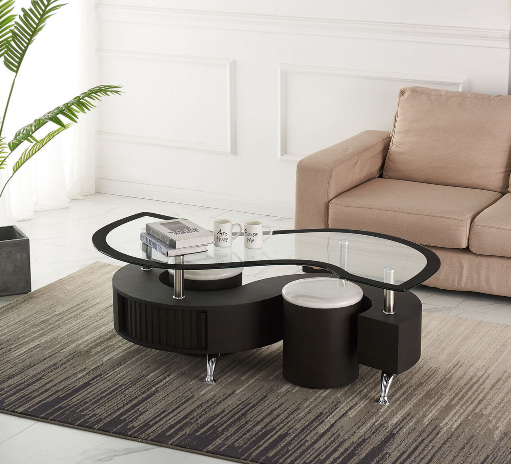 MIAMI CURVED STYLE GLASS TOP & TWO STOOLS BLACK/WHITE