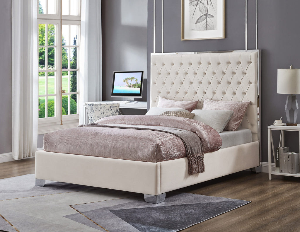 KATE KING BEIGE VELVET UPHOLSTERED PLATFORM BED