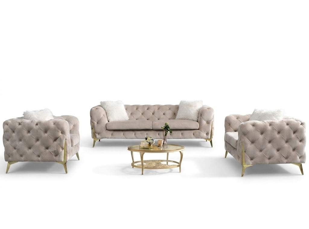 Vegas Luxury Modern Beige Velvet 2pc Sofa Set