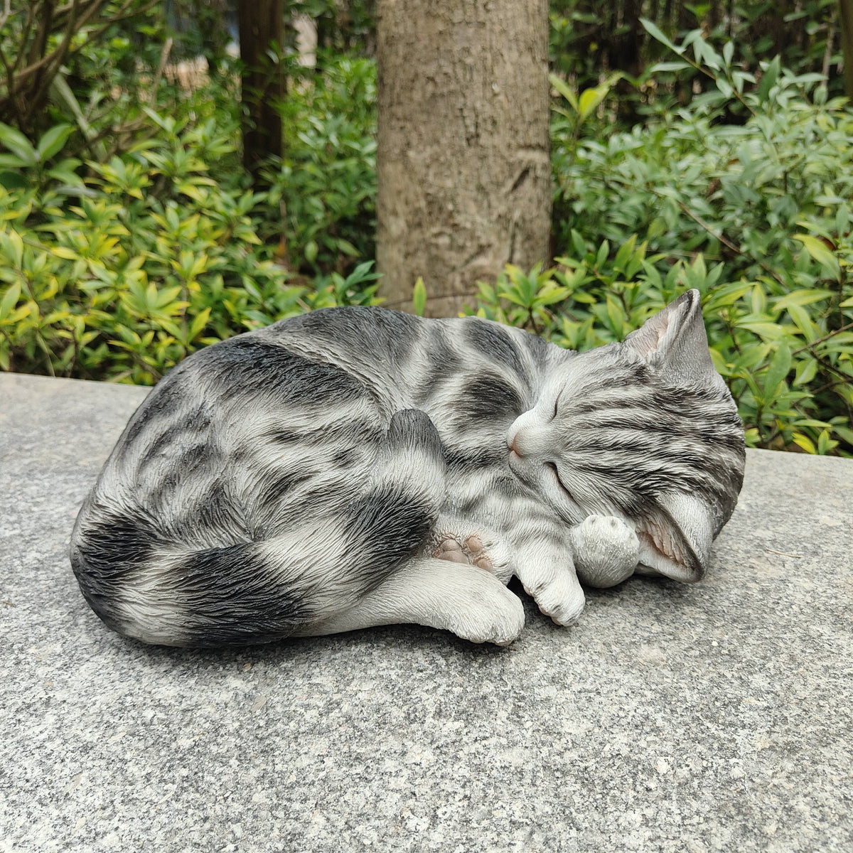 Grey and White Polyresin Sleeping Cat Figurine