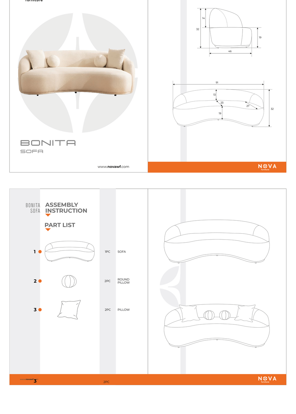 Ivory Boucle Sofa 91"