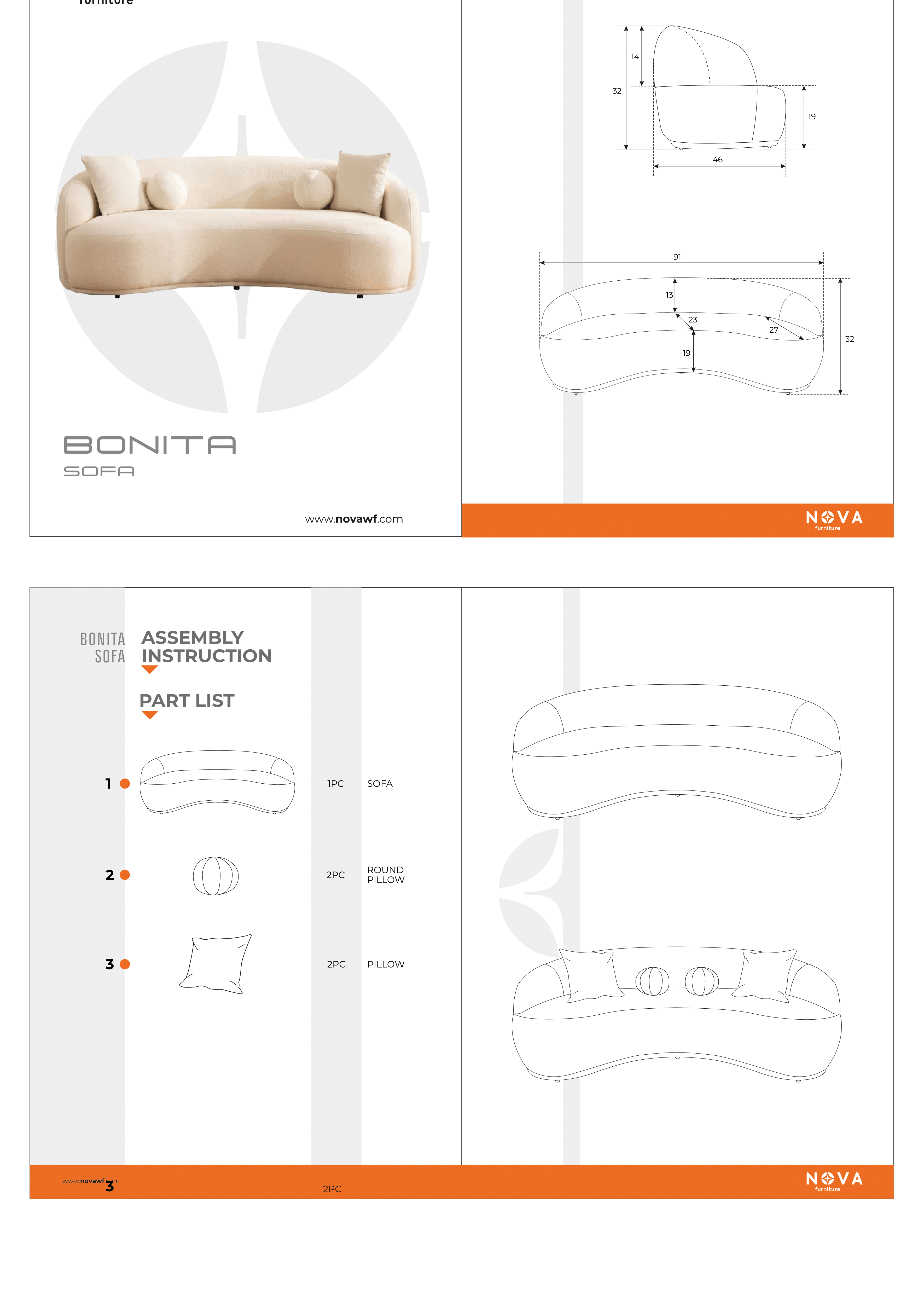 Ivory Boucle Sofa 91"