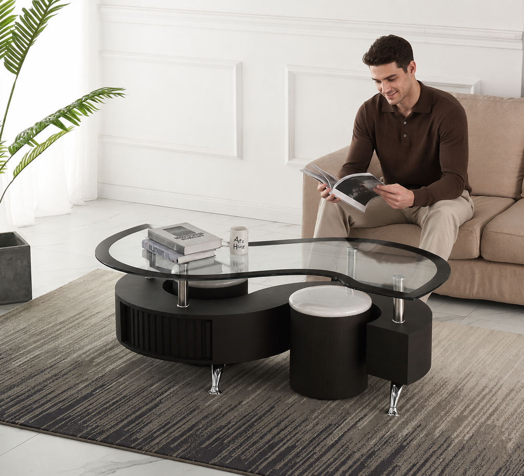 MIAMI CURVED STYLE GLASS TOP & TWO STOOLS BLACK/WHITE
