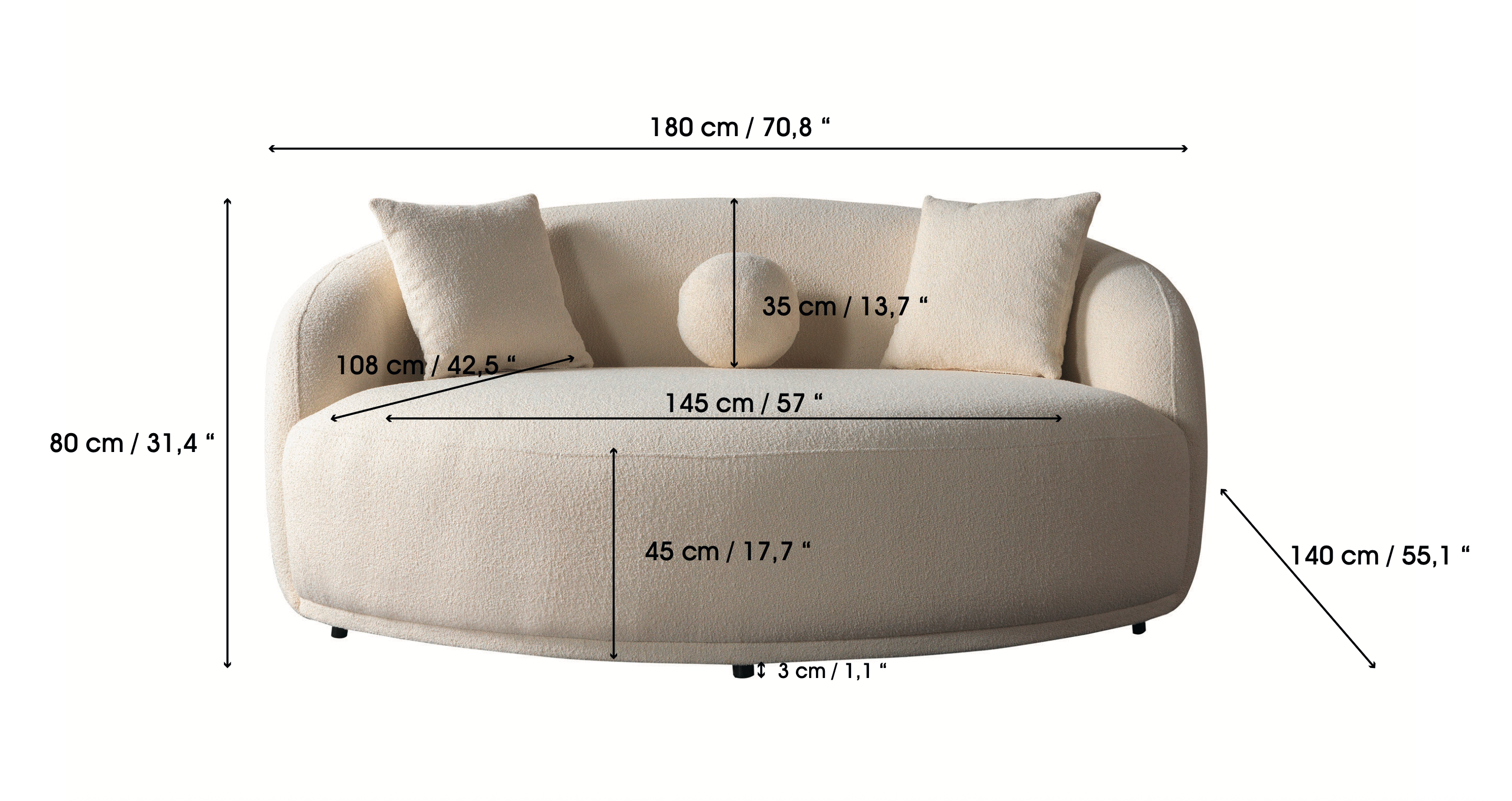 Ivory Boucle Round Sofa  71"
