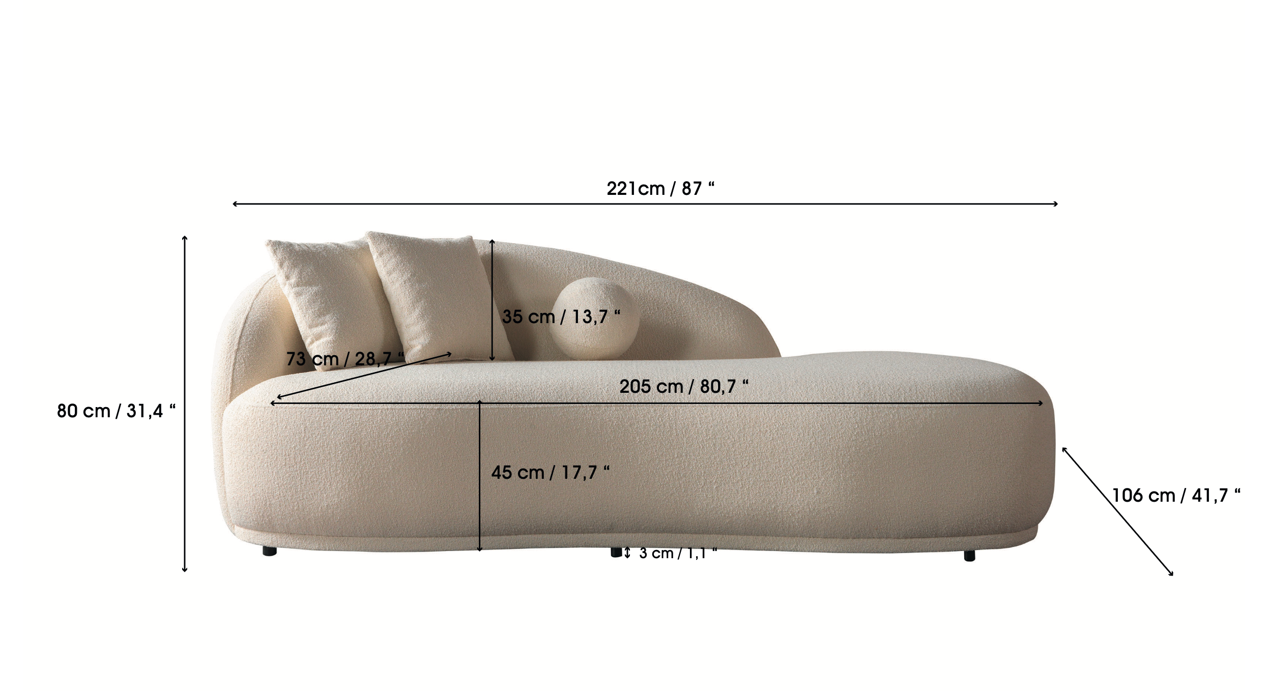 Ivory Boucle Sofa Chaise 87"