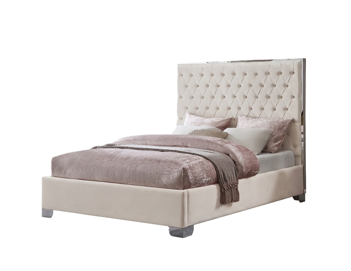 Kate Queen 58″ High Beige Velvet Upholstered Platform Bed