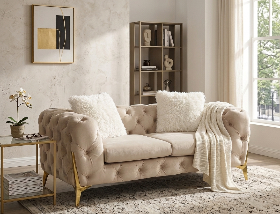 Vegas Luxury Modern Beige Velvet Loveseat
