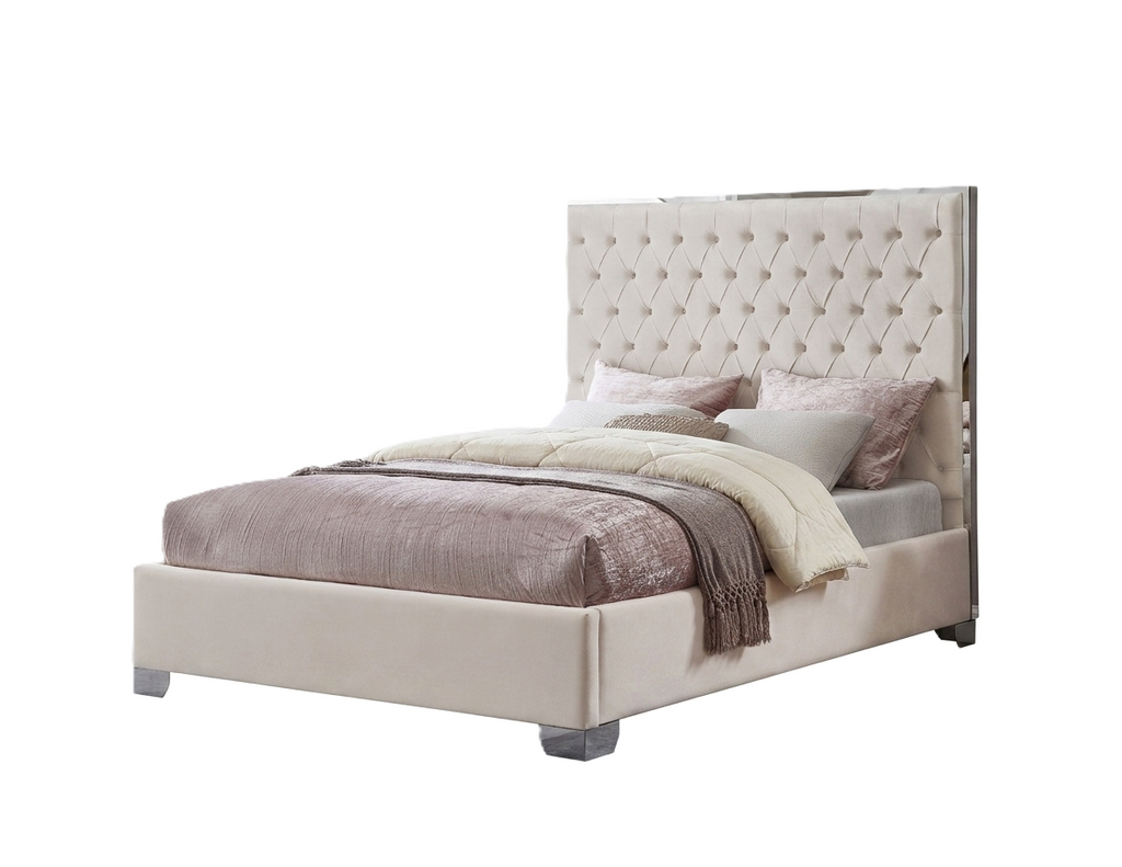KATE KING BEIGE VELVET UPHOLSTERED PLATFORM BED