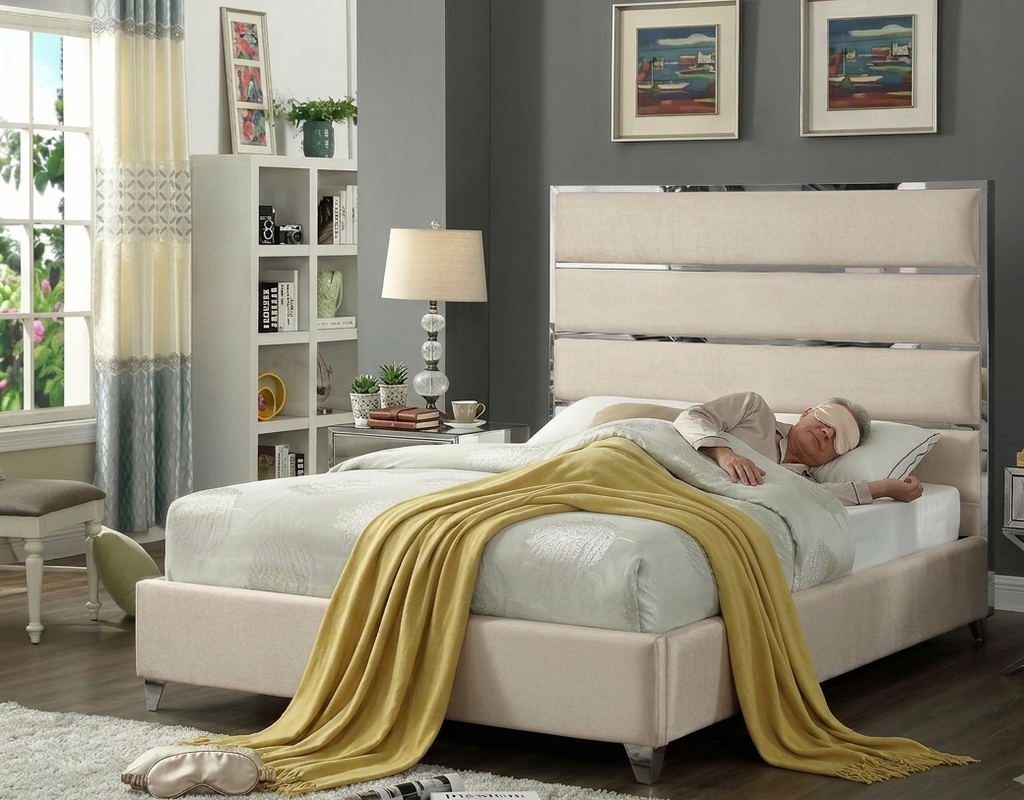 LAUREN KING BEIGE VELVET UPHOLSTERED PLATFORM BED