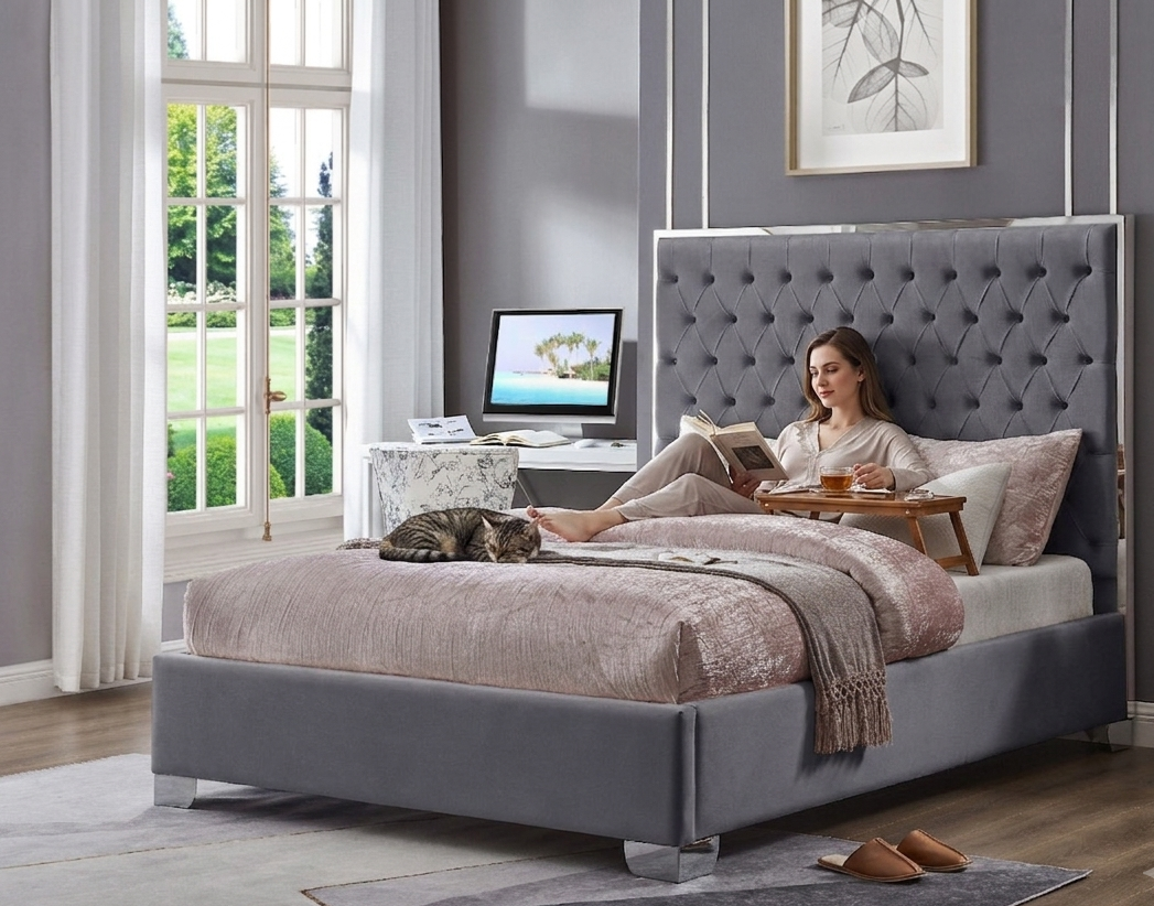 Kate Queen 58″ Tall Gray Velvet Upholstered Platform Bed