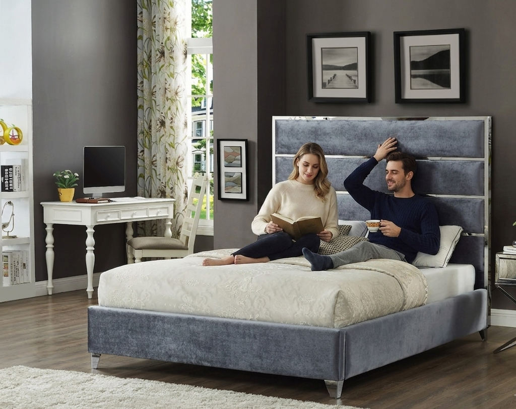 Lauren Queen Gray Velvet Upholstered Platform Bed