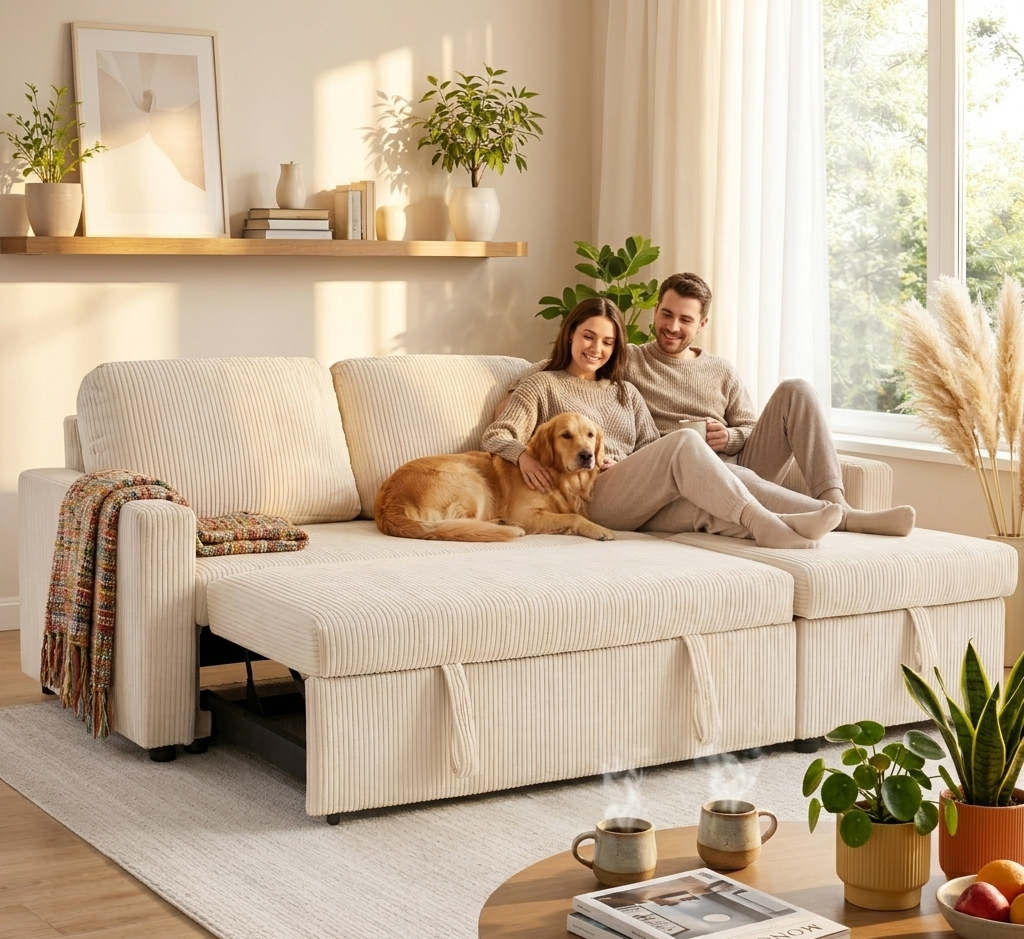 Tommy Beige Convertible Sectional Sofa Bed