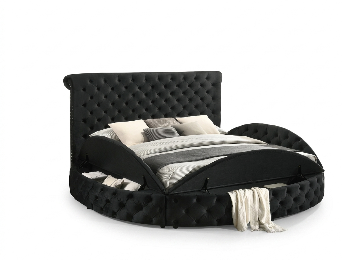 Round black bedframe with storage