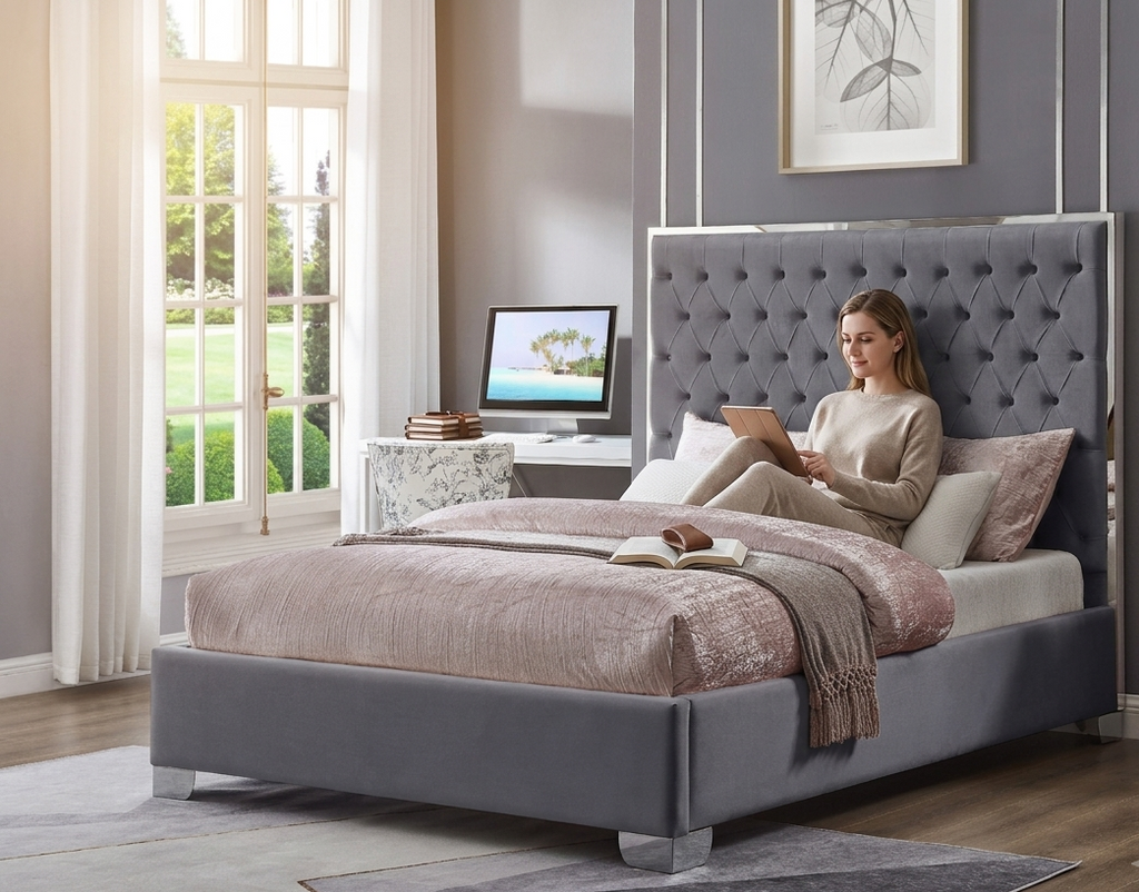 KATE KING GRAY VELVET UPHOLSTERED PLATFORM BED