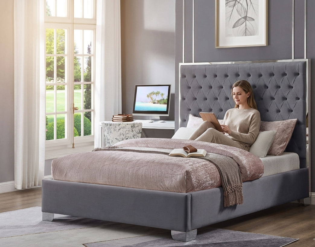 KATE KING GRAY VELVET UPHOLSTERED PLATFORM BED