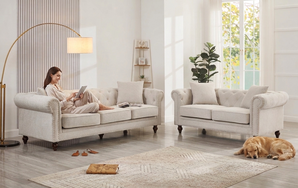 Thomas Beige Chesterfield 2pc Sofa Set