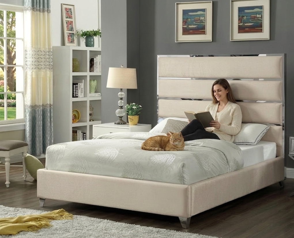 Lauren Queen Beige Velvet Upholstered Platform Bed
