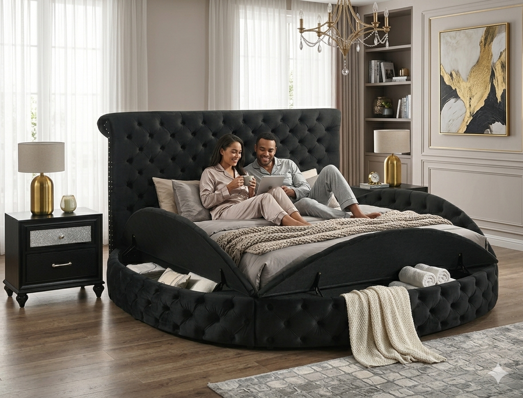 Round black bedframe with storage
