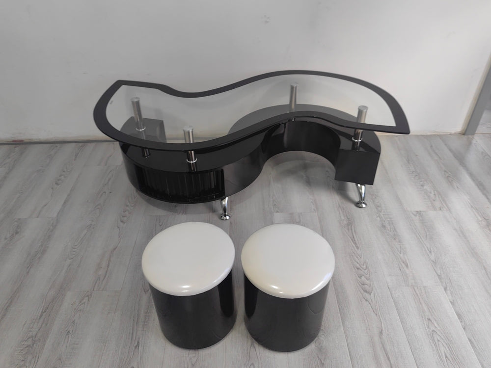 MIAMI CURVED STYLE GLASS TOP & TWO STOOLS BLACK/WHITE