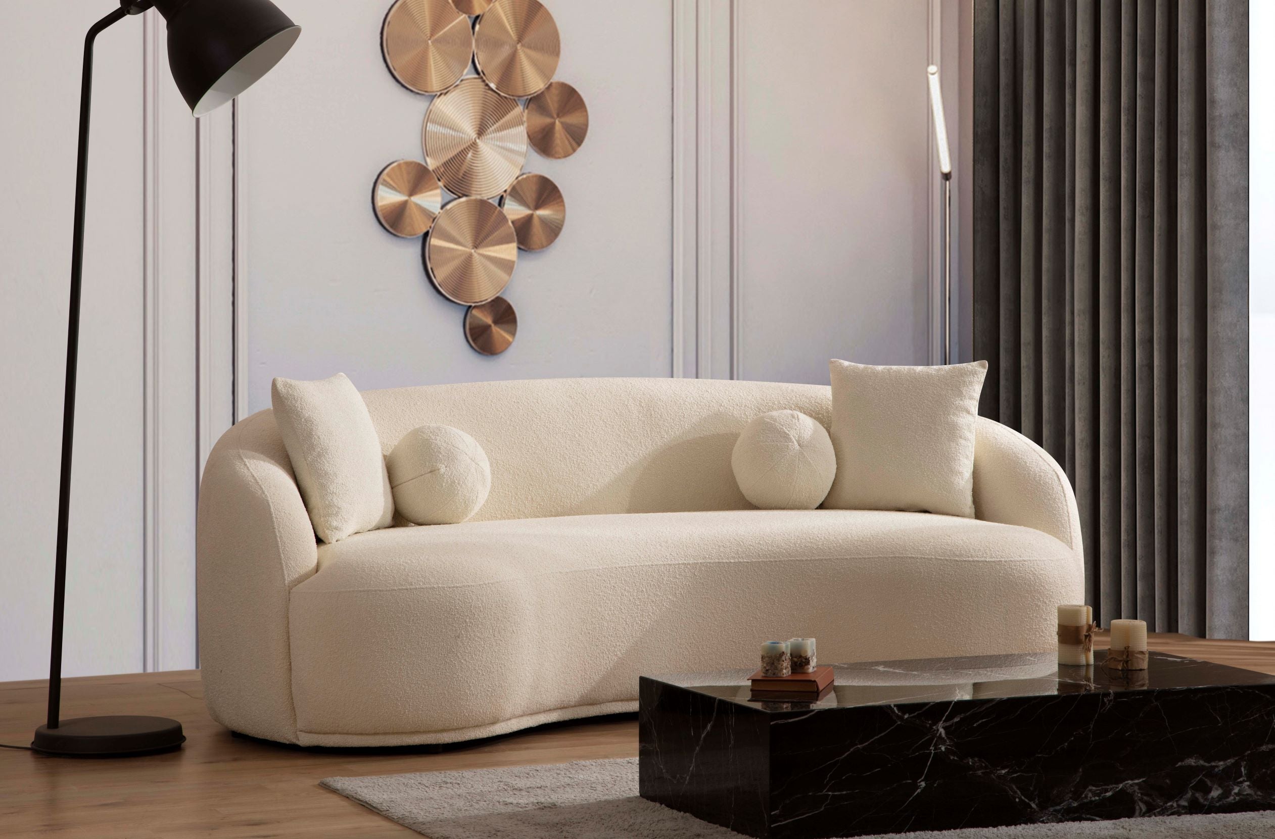 Ivory Boucle Sofa 91"