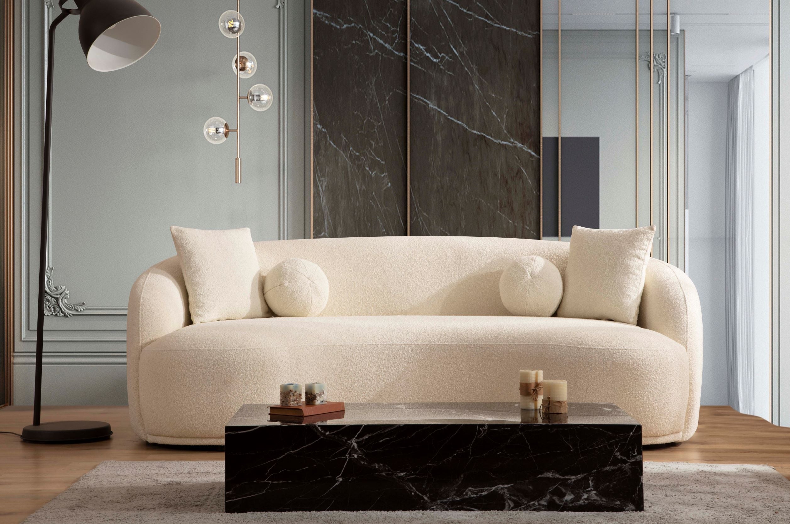 Ivory Boucle Sofa 91"
