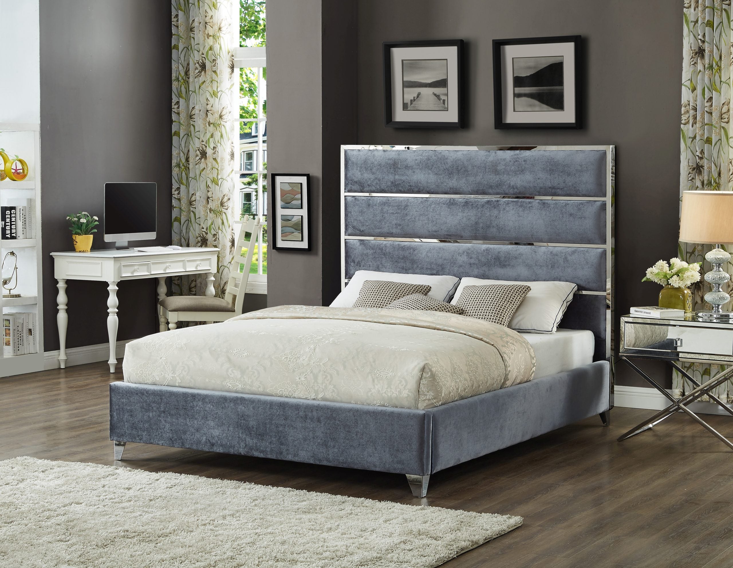 LAUREN KING GRAY VELVET UPHOLSTERED PLATFORM BED