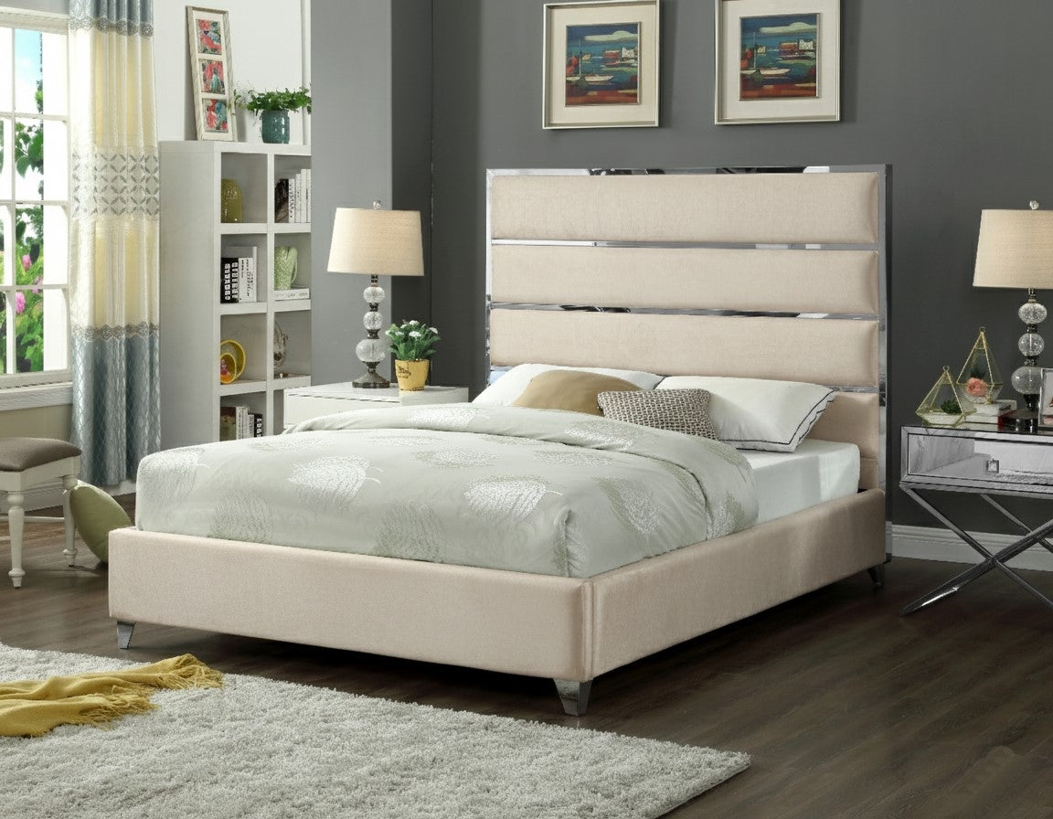 Lauren Queen Beige Velvet Upholstered Platform Bed