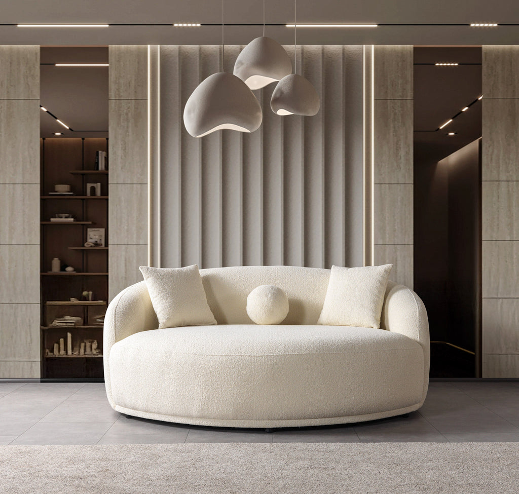 Ivory Boucle Round Sofa  71"