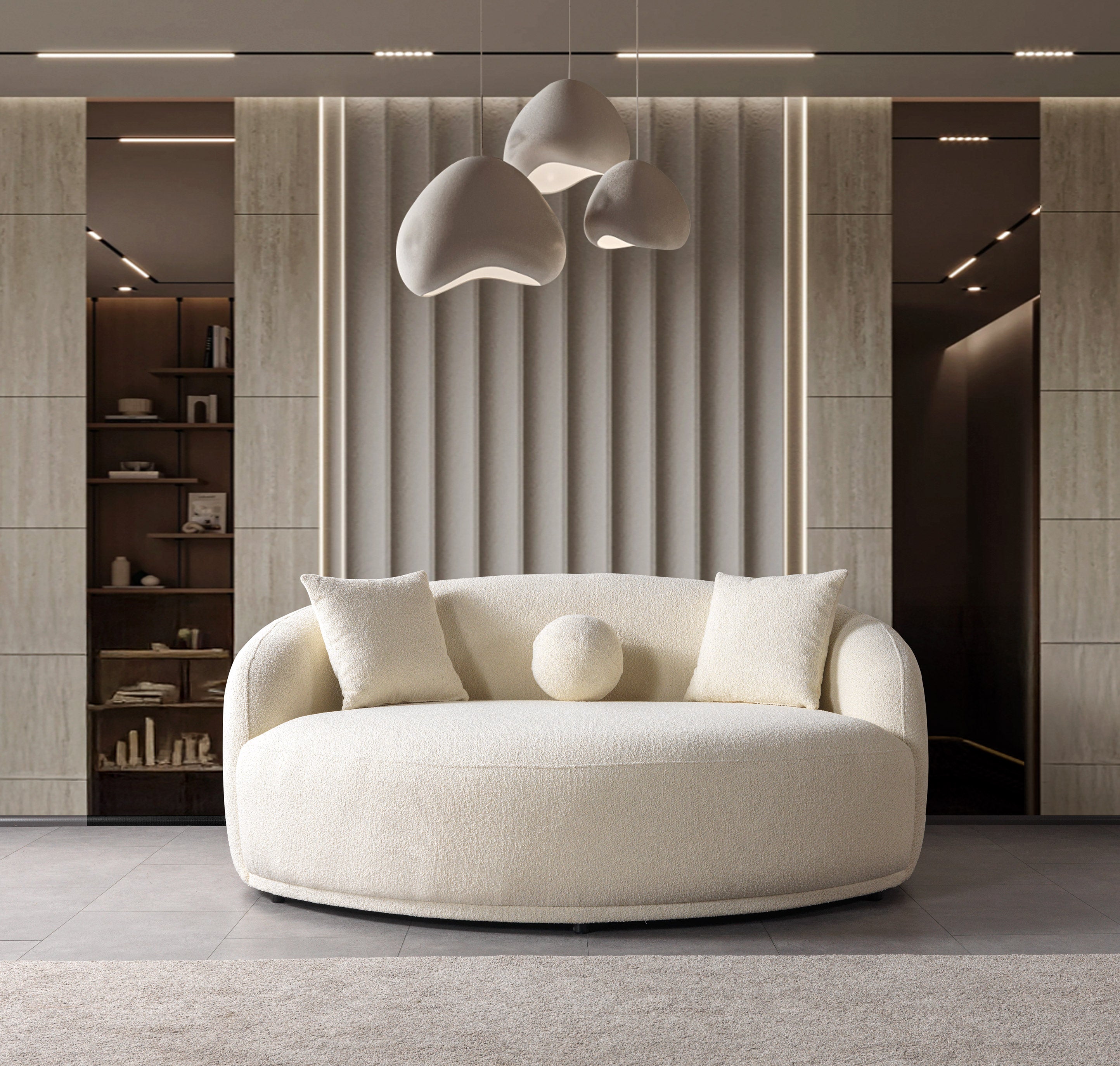 Ivory Boucle Round Sofa  71"
