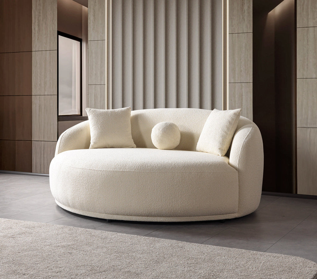 Ivory Boucle Round Sofa  71"