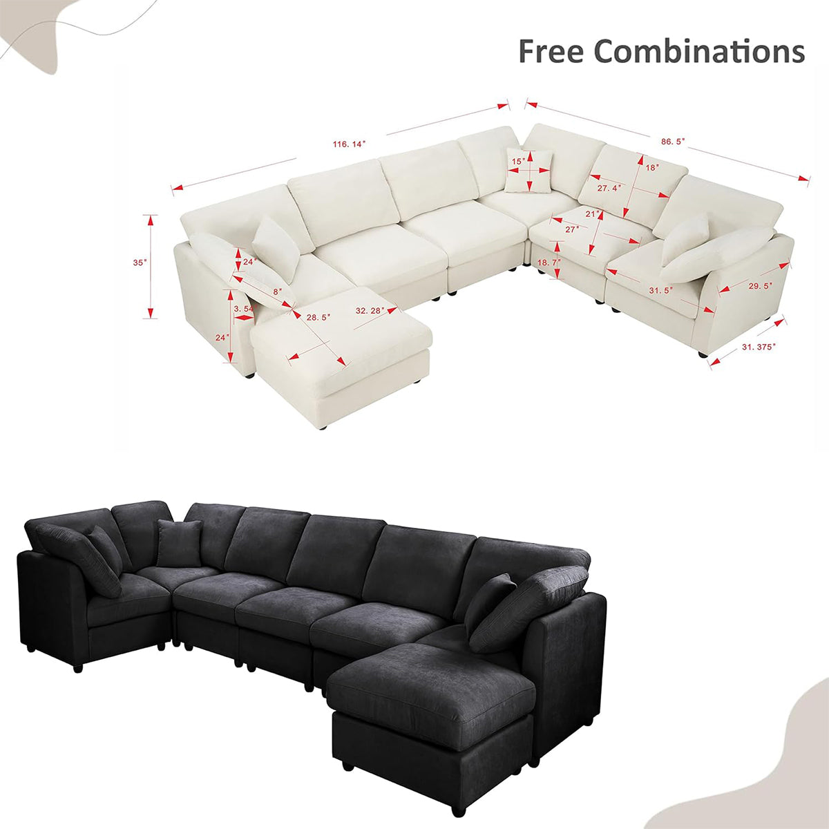 117" Modular Sectional Sofa,U-Shaped Chenille Sofa Couch with Movable Ottoman,Modern 7 Seat  Sectional